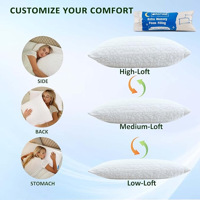 Cooling Pillows for Sleeping, Adjustable Shredded Memory Foam Bed Pillows Standard Size Set of 2, Cool Pillow for Hot Sleepers, with Extra Fill for Side Back and Stomach Sleepers
