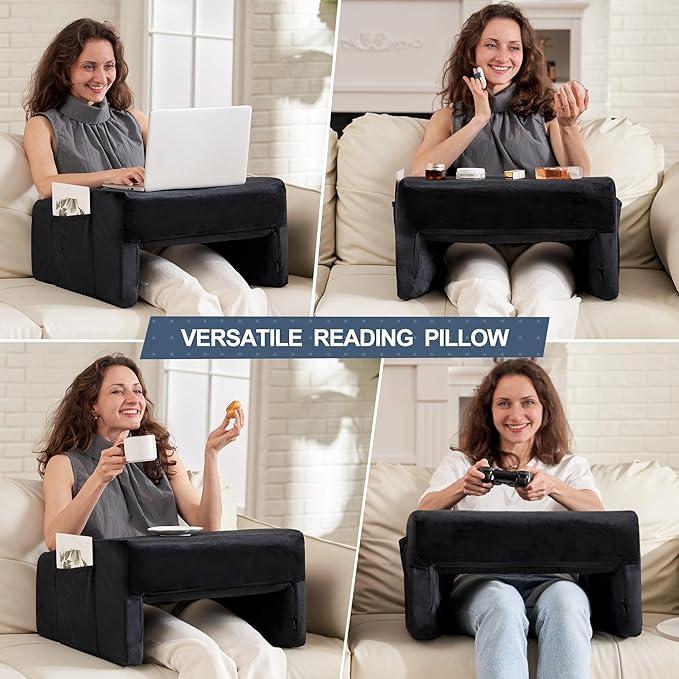 Homguava Reading Pillow Memory Lap Desk Foam Pillow for Adults Gaming Pillow Arm Rest Pillow for Reading, Crocheting, Gaming or Sitting in Bed (Black, Medium)