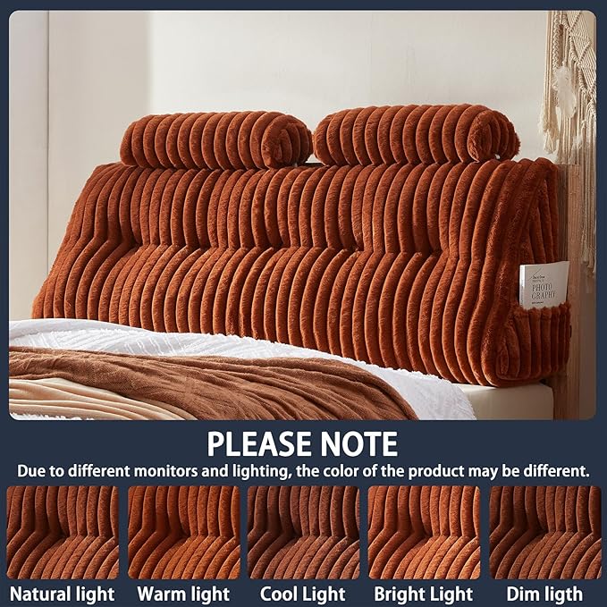 Faux Fur Headboard Pillow with 2 Pack Neck Roll Pillow Large Headboard Pillow Soft and Supportive with Removable Cover (Brown, King)