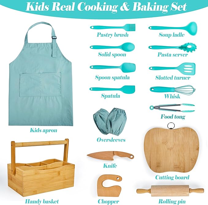 Kids Cooking & Baking Sets Real Little Chef Cooking Utensils Kitchen Set Gifts for Girls Boys Juniors with Utensils Cutting Board Kids Safe Knife Rolling Pin Apron Carrying Basket (Mint Green)