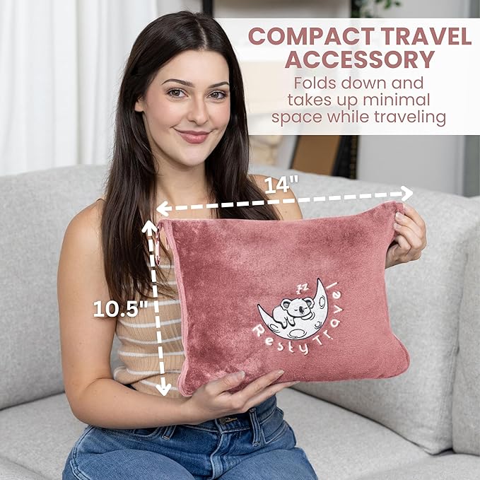 Resty Travel Blanket - Compact Airplane Blanket with Bag - Small and Lightweight Traveling Blanket & Pillow - Portable Blankets with Carabiner for Easy Transport - Plane Train Car (Pink)