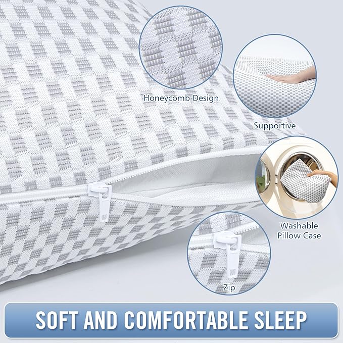 Shredded Memory Foam Pillows, Standard Size Bed Pillows for Sleeping 2 Pack,Washable Removable Cover,Pillows Suitable for Stomach,Back and Side Sleepers.