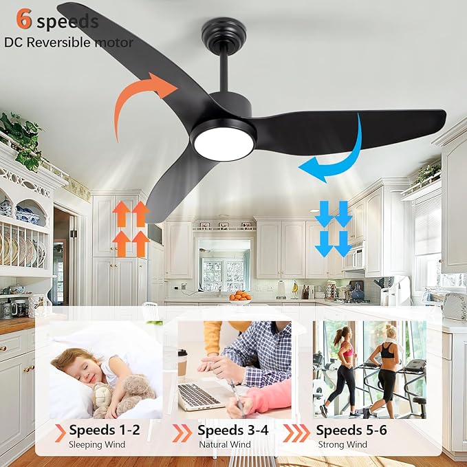 Black Ceiling Fan with Light Remote 52in 6Speed Silent Reversible Motor 3CCT Dimmable LED Adjustable Height Timer Memory Function Modern ABS Blades Vacation Mode flush Mount Indoor Outdoor Use