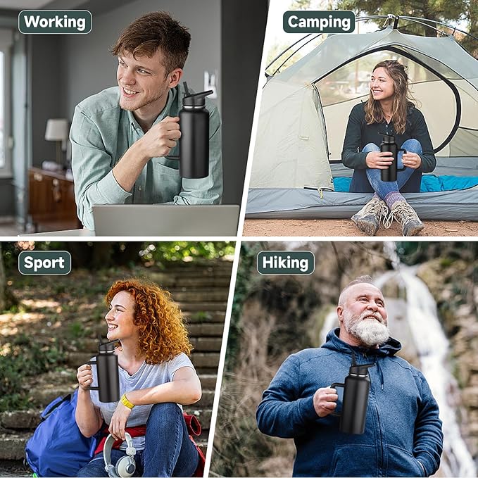 32oz Insulated Water Bottle with Handle, Stainless Steel Sports Metal Water Flask with Straw & 2 Leak Proof Lids, Double Walled Vacuum Wide Mouth Water Bottle for Travel, Camping, Gym Sports (Black)