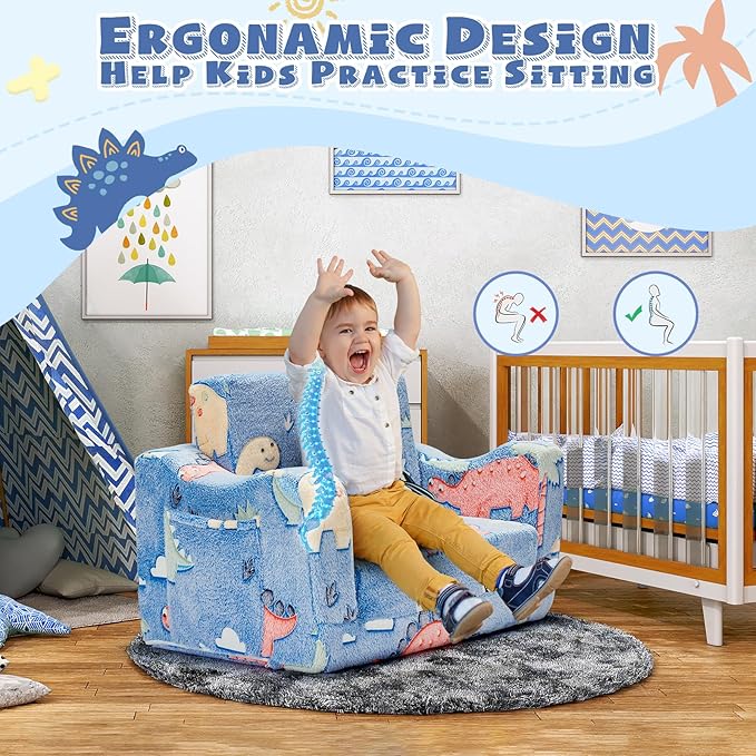 2-in-1 Toddler Chairs Comfy, Toddler Couches That Fold Out,Glow in The Dark, Extra Wide Kids Chairs for Toddler, Baby Couch for 1-3 Year Old Gifts for Girls & Boys, Blue