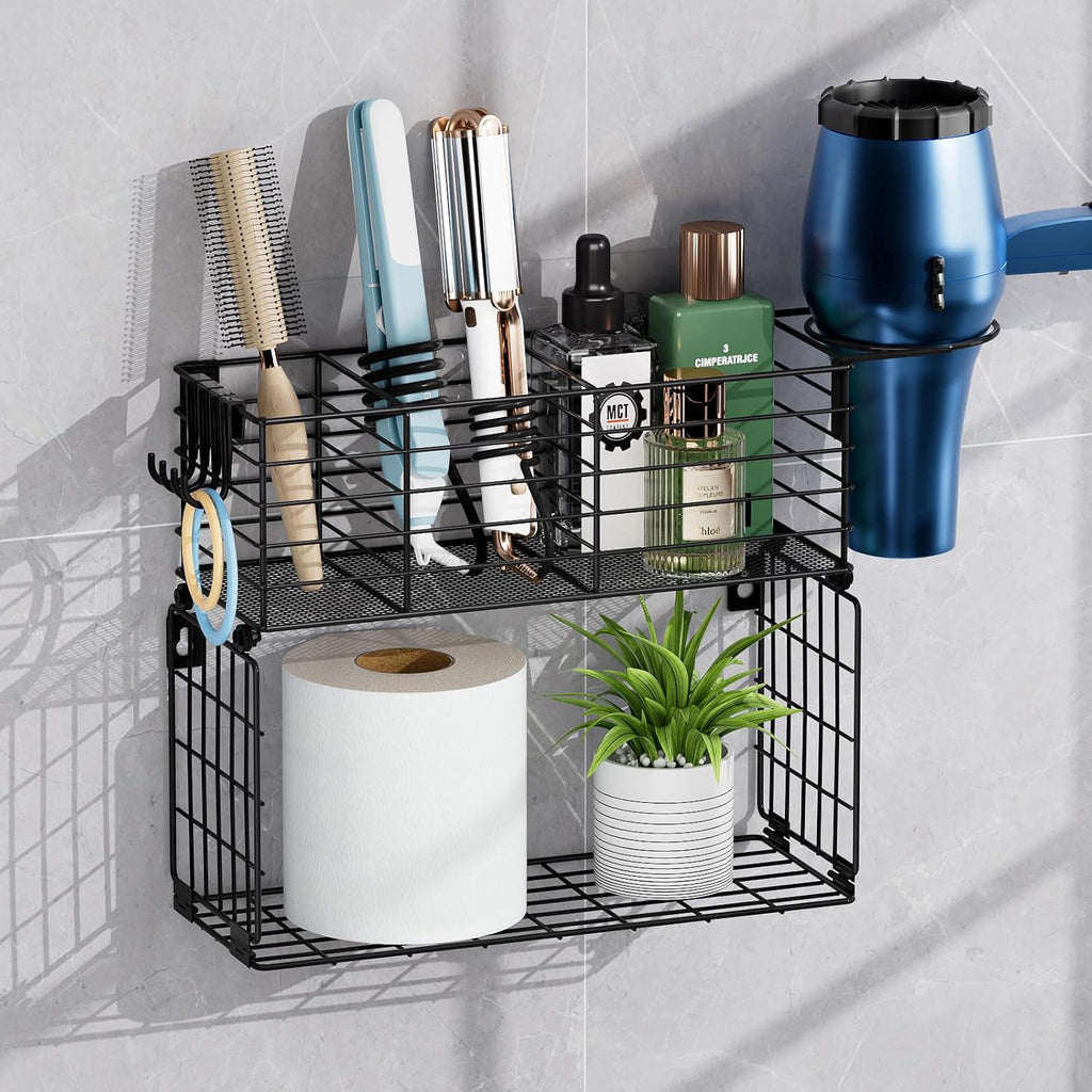 VITVITI Metal Hair Tool Organizer with Toilet Paper Basket, Bathroom Blow Dryer Curling Iron Holder Wall Mount, 2 Tiers Styling Tools Organizer for Straightener with Hooks, Black