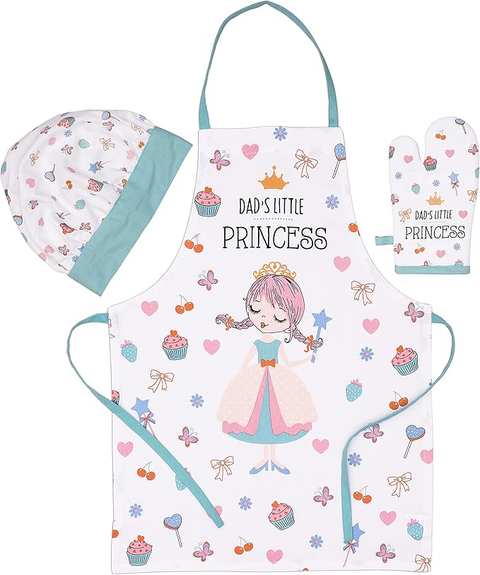 AMOUR INFINI 100% Cotton Little Princess 3-Piece Kitchen Set| Kid's Aprons, Oven Mitts, and Chef Hats|Kitchen Play,Cooking,Grilling,Baking,Thanksgiving,Christmas,Birthday Gift for Girls & Young Chefs