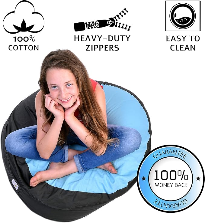2 Sizes in 1 Stuffed Animal Storage Bean Bag Chair Cover for Kids & Adults | Washable XL Stuffie Seat | 100% Cotton | Pouf Organizer for Plush Toys, Linens, Quilts & Pillows | Blue Skies