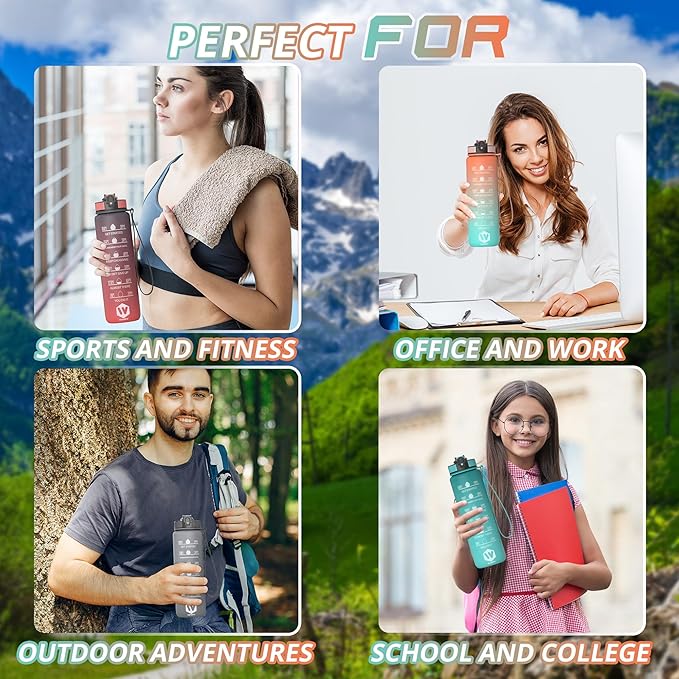 32 oz Water Bottle with Time Marker- Leak-Proof & BPA Free Reusable Gym Water Bottle - Easy to Carry Motivational Water Bottle for Fitness, Sports, Outdoor, (Mermaid with covered lid)