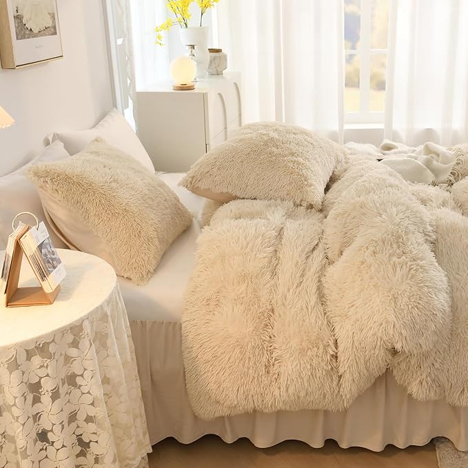 Litanika Beige Plush Comforter Full Size, Luxury Fluffy Shaggy Bedding Set for Full Bed, Ultra Soft Velvet Faux Fur Comforter 3 Pieces(1 Fuzzy Comforter 79×90 Inch, 2 Pillowcases)