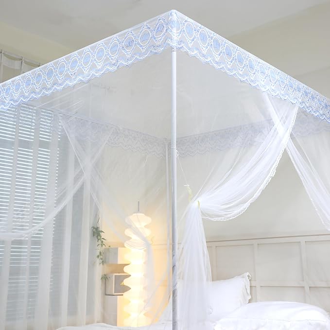Bed Canopy, Princess Bed Curtain Net for Girls & Adults，Three-Doors Rectangle Lace Dome Netting (White, King)