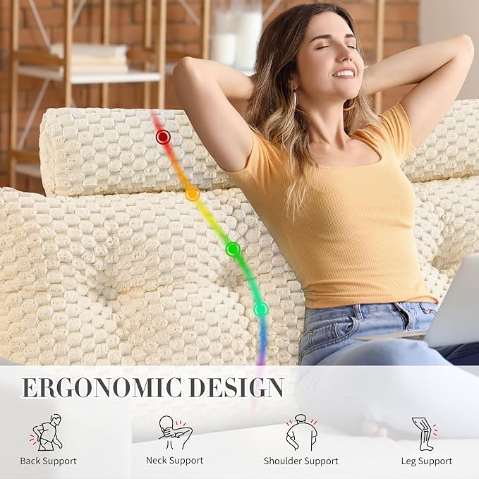 Wedge Headboard Pillow - Bed Wedge Pillow for Headboard Triangular Headboard Pillow with Neck Roll Pillow-Large Bolster Pillow for Sitting in Bed Backrest Positioning Support (Beige,76x8x20 Inches)