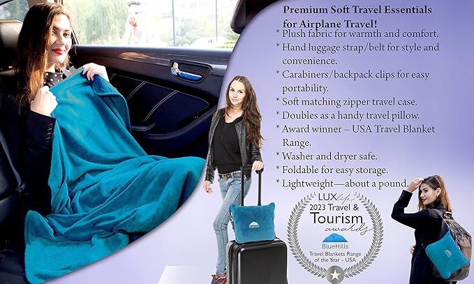 BlueHills Premium Soft Travel Blanket Pillow Airplane Blanket in Soft Bag case with Hand Luggage Belt and Carabiner Compact Pack Large Cozy Blanket for Plane Car Train Teal Blue T022