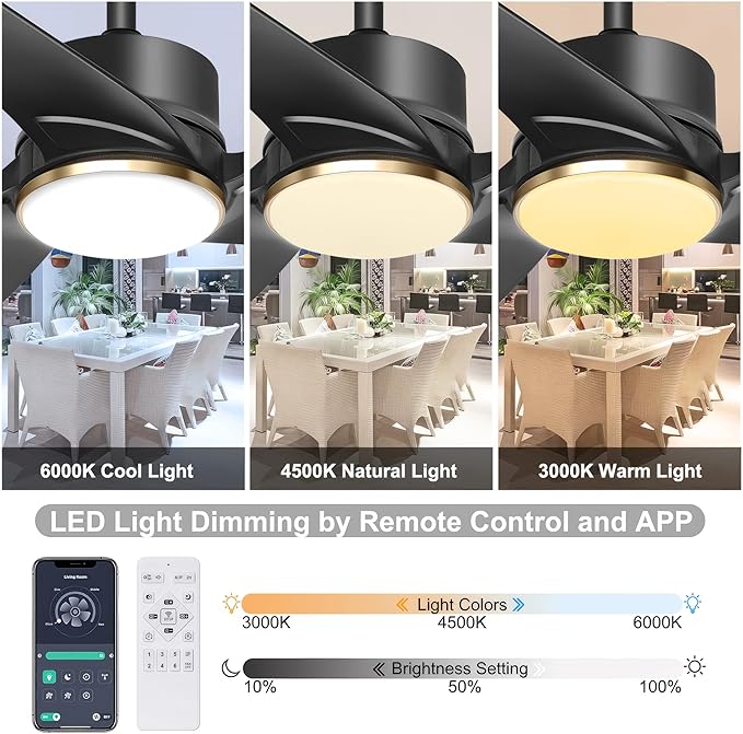 Ohniyou 56 Inch Black Ceiling Fan with Lights, Modern 3 Blades Ceiling Fan with Remote/APP Control, Reversible DC Motor, Dimmable 3 CCT, Indoor Outdoor Ceiling Fan for Covered Patios Living Room