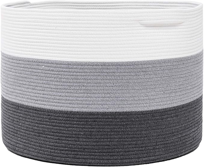 24" x 24" x 17" Max Size Large Cotton Rope Basket, Extra Large Storage Basket, Woven Laundry Hamper, Cloth Storage Bin, for Blankets Clothes Towels Pillows in Living Room, Grey/Dark Grey