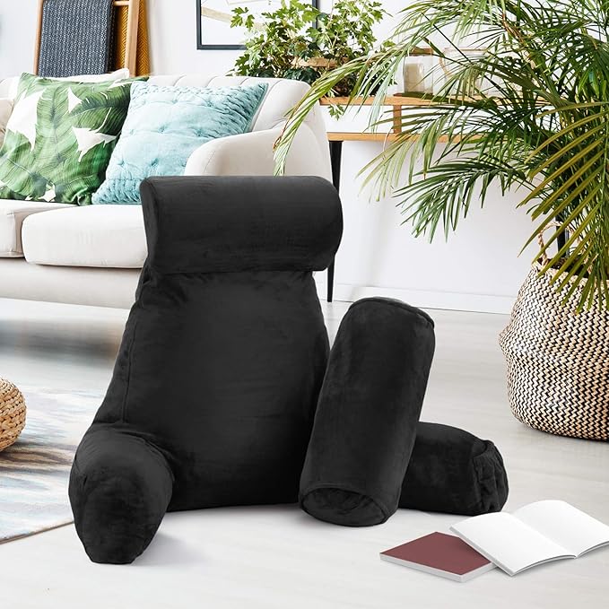 Nestl Reading Pillow Large Bed Pillow, Back Pillow for Sitting in Bed Shredded Memory Foam Chair Pillow, Reading & Bed Rest Pillows Black Back Pillow for Bed, Bed Chair Arm Pillow with Pockets