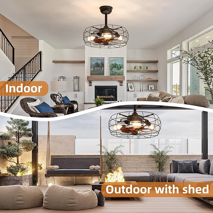 NicBex Ceiling Fan 20 Inch Ceiling Fans with Lights Caged Ceiling Fan with Blades and Remote Control Down Rod Mount Ceiling Fans for Bedroom, Living Room, Black