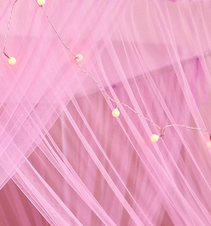 Mengersi Canopy Bed Curtains Bed Canopy with Lights for Girls, Bed Netting Unique Style 4 Door Mosquito Net for Adults Women Bedroom Decor (Pink+Lights, Twin/Twin XL)