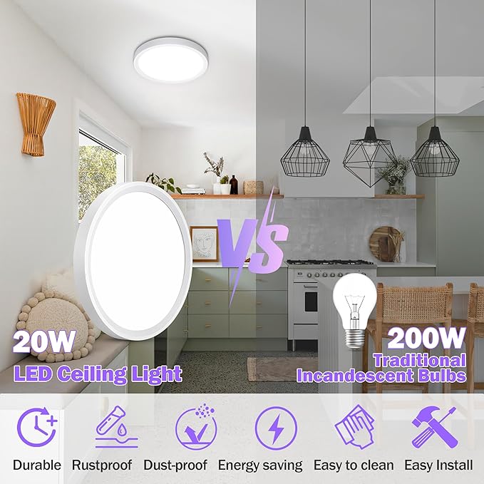 SunRider 4-Pack 9 Inch LED Flush Mount Ceiling Light, 2300LM, 5000K Daylight White, 20W Dimmable Modern Slim Round Flat Ceiling Lights for Hallway