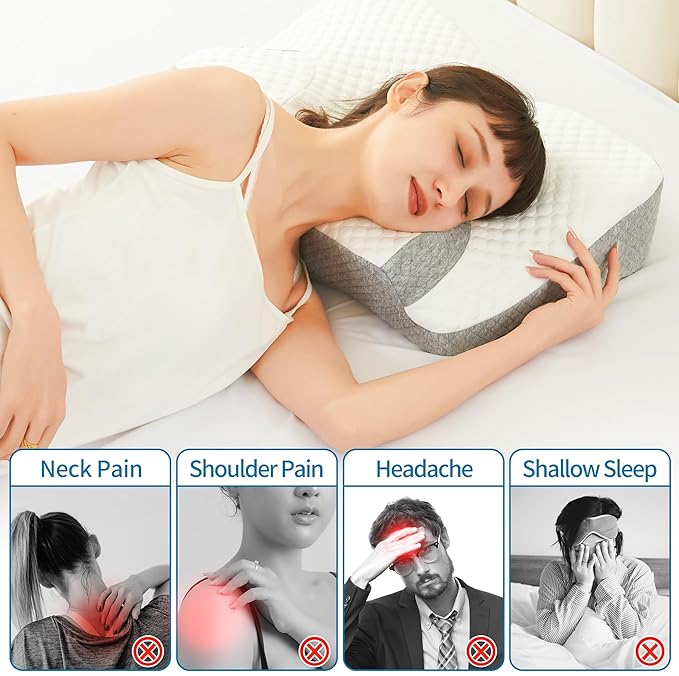 Cervical Neck Pillow for Pain Relief, Contour Memory Foam Pillows for Sleeping, Ergonomic Neck Support Pillow for Shoulder, Suitable for Side Back Stomach Sleepers with Cooling Pillowcase
