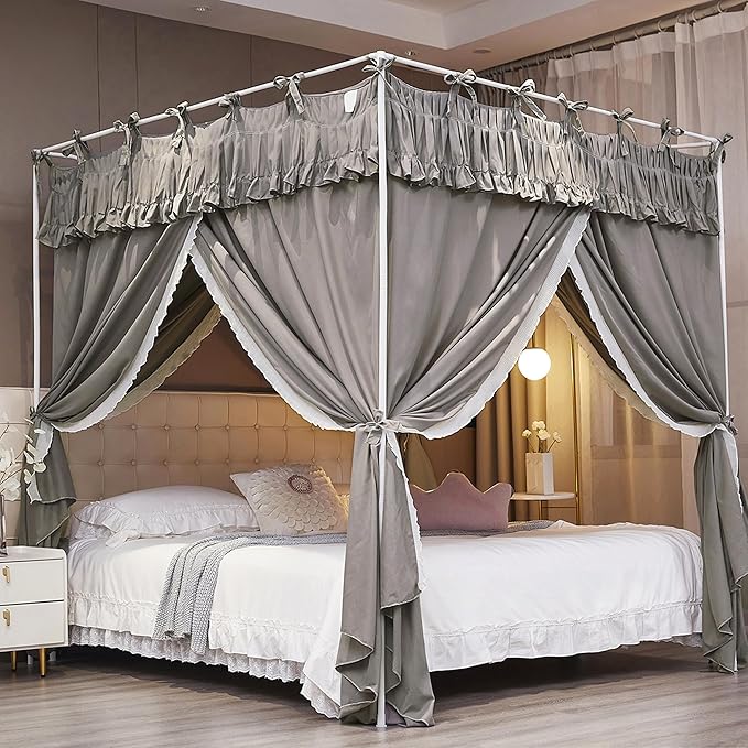 Ruffle Lace up 4 Corners Post Princess Curtain Bed Canopy Cozy Breathable Mosquito Net Cloth for Girls Adults Bedroom Decoration (Grey, 78" W*86" L*82" H/King)
