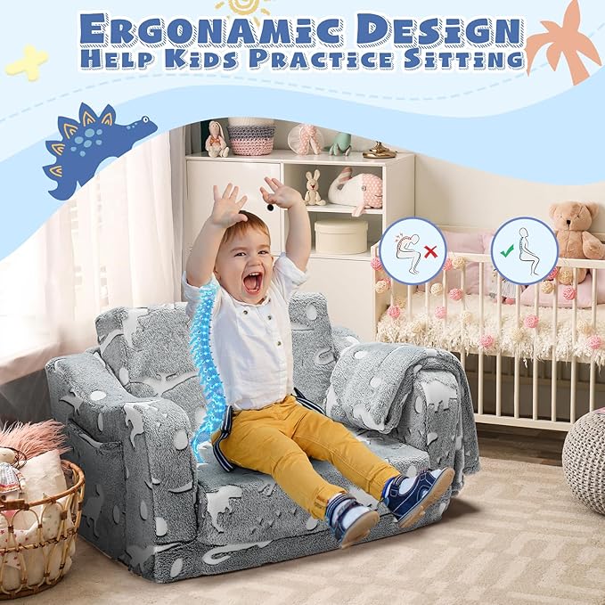 2-in-1 Toddler Chairs Comfy, Toddler Couches That Fold Out,Glow in The Dark, Extra Wide Kids Chairs for Toddler, Baby Couch for 1-3 Year Old, Gifts for Girls & Boys, Gray