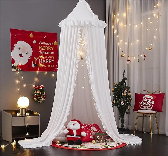 VETHIN Bed Canopy for Girls Kids,Princess Round Dome Children Dreamy Mosquito Net Bedding Girls Room Castle Play Tent Hanging House Decor Reading Nook Canopies (White)