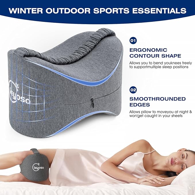 Side Sleepers Knee Leg Pillow Leg Pillow for Side Sleeping with Strap,100% Memory Foam Wedge Contour Spacer Cushion for Back, Hip Knee Pregnancy Sciatica Pain Relief Free Sleep Grey