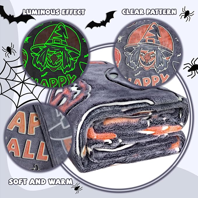 Witchy Blanket Halloween Glow in The Dark Blanket for Kids Women Adults Pumpkins Halloween Decorations for Bedroom