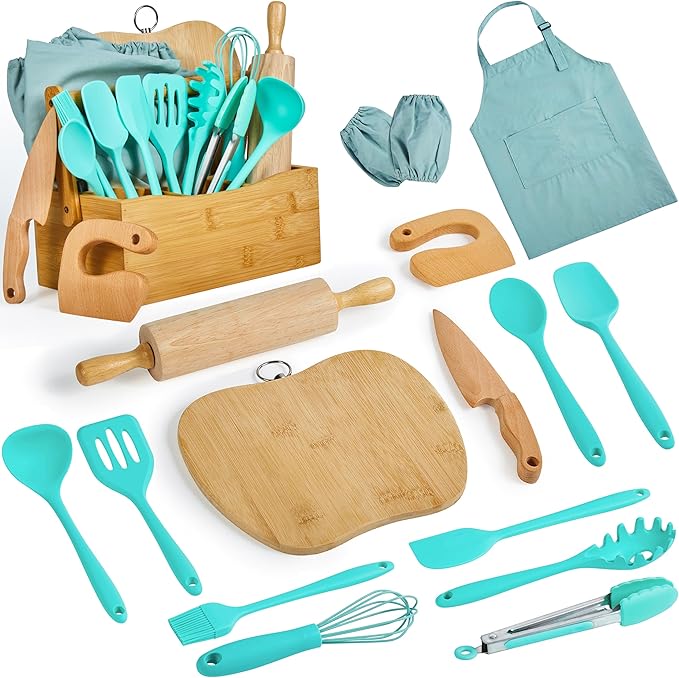 Kids Cooking & Baking Sets Real Little Chef Cooking Utensils Kitchen Set Gifts for Girls Boys Juniors with Utensils Cutting Board Kids Safe Knife Rolling Pin Apron Carrying Basket (Mint Green)