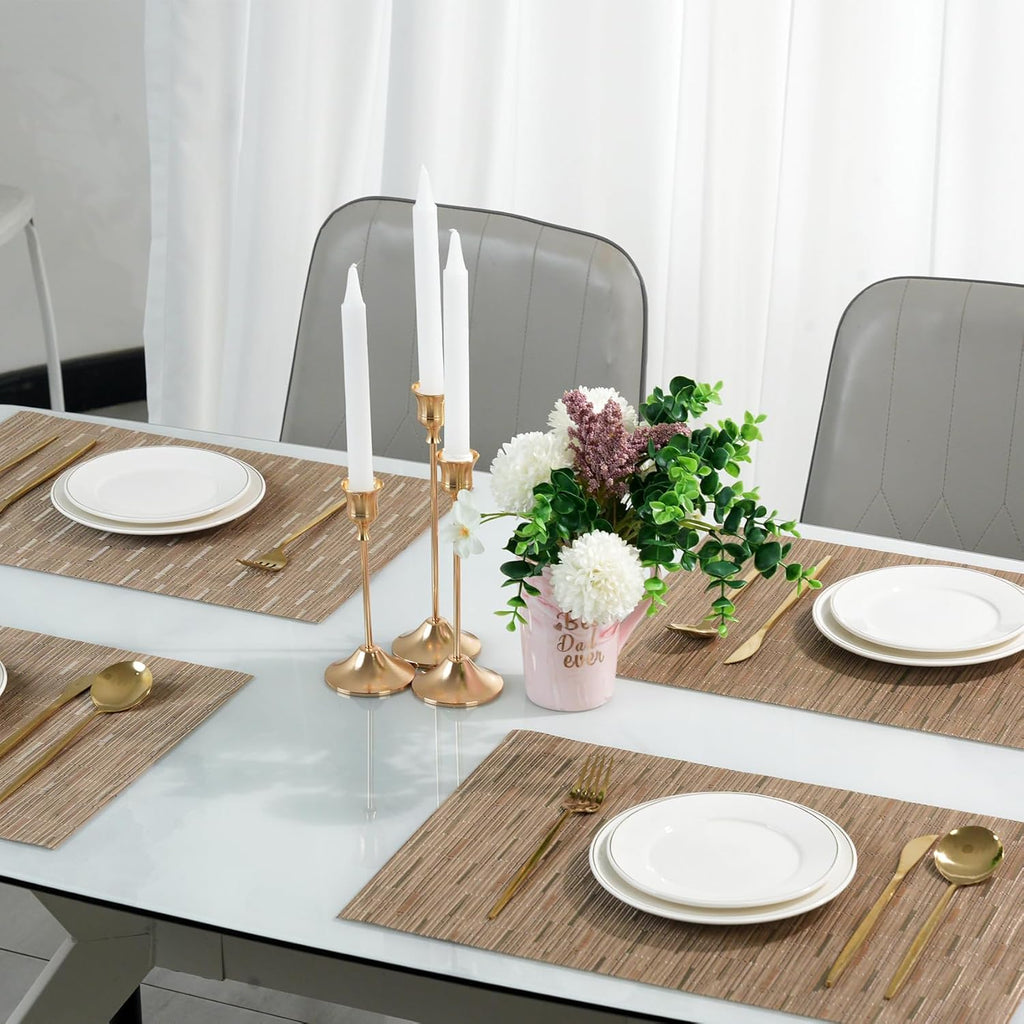 Placemats Set of 6，Non-Slip PVC Weave Table Mats Easy to Clean，Heat Resistant Place Mats for Kitchen Dining Table Decoration Indoor Outdoor，Light Brown