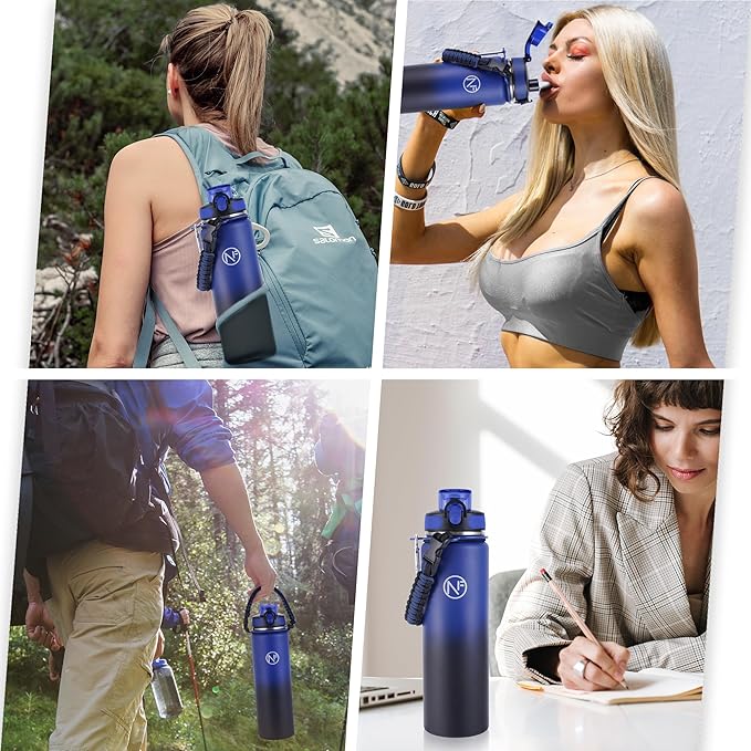 32 oz Insulated Water Bottle With Detachable Straw & Paracord Handle, Stainless Steel Thermos Water Bottle with Leakproof Lockable Lid, BPA-Free Sports Bottle (Blue Black Gradient)
