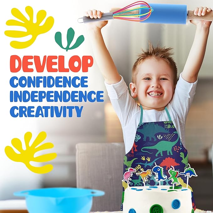 Osmi Complete Kids Baking Set - 14pc Dinosaur Chef Baking Kit - Premium Kid Cooking Gift Set w/ Real Utensils for Boys and Girls 4-12 - Bake Cookies, Cakes, and Cupcakes (Dino Theme)