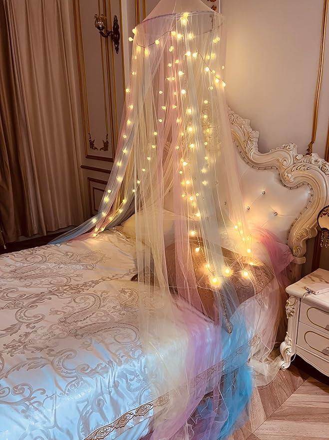 Mosquito Net Bed Canopy for Girls,Rainbow Canopy Bed Curtains Full Queen Size from Ceiling,Dome Mosquito Netting Bed Tent Twin Girls Princess Canopy King Bed Decor