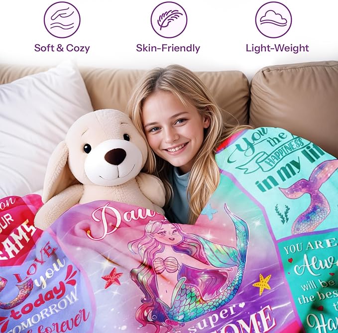 Little Mermaid Blanket, Mermaid Gifts for Girls, Birthday Gifts for Girls, Mermaid Blanket, Girl Birthday Gift Ideas Mermaid Birthday Decorations Blanket 50x60 in