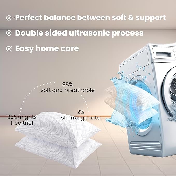 Cooling Pillow for Sleeping, Bed Pillows Queen Size Set of 2, Micro Fiber Filling Pillows 2 Pack, Adjustable to Soft / Firm Pillows for Side Stomach and Back Sleepers with Washable Cover