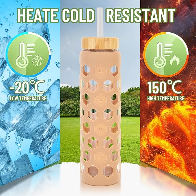 32oz Water Bottles with Straw and 2 Lids Spout Lid & Bamboo Lid, Glass Tumblers with Top Handle, BPA FREE Reusable Glass Water Bottle with Silicone Sleeve-1 Pack