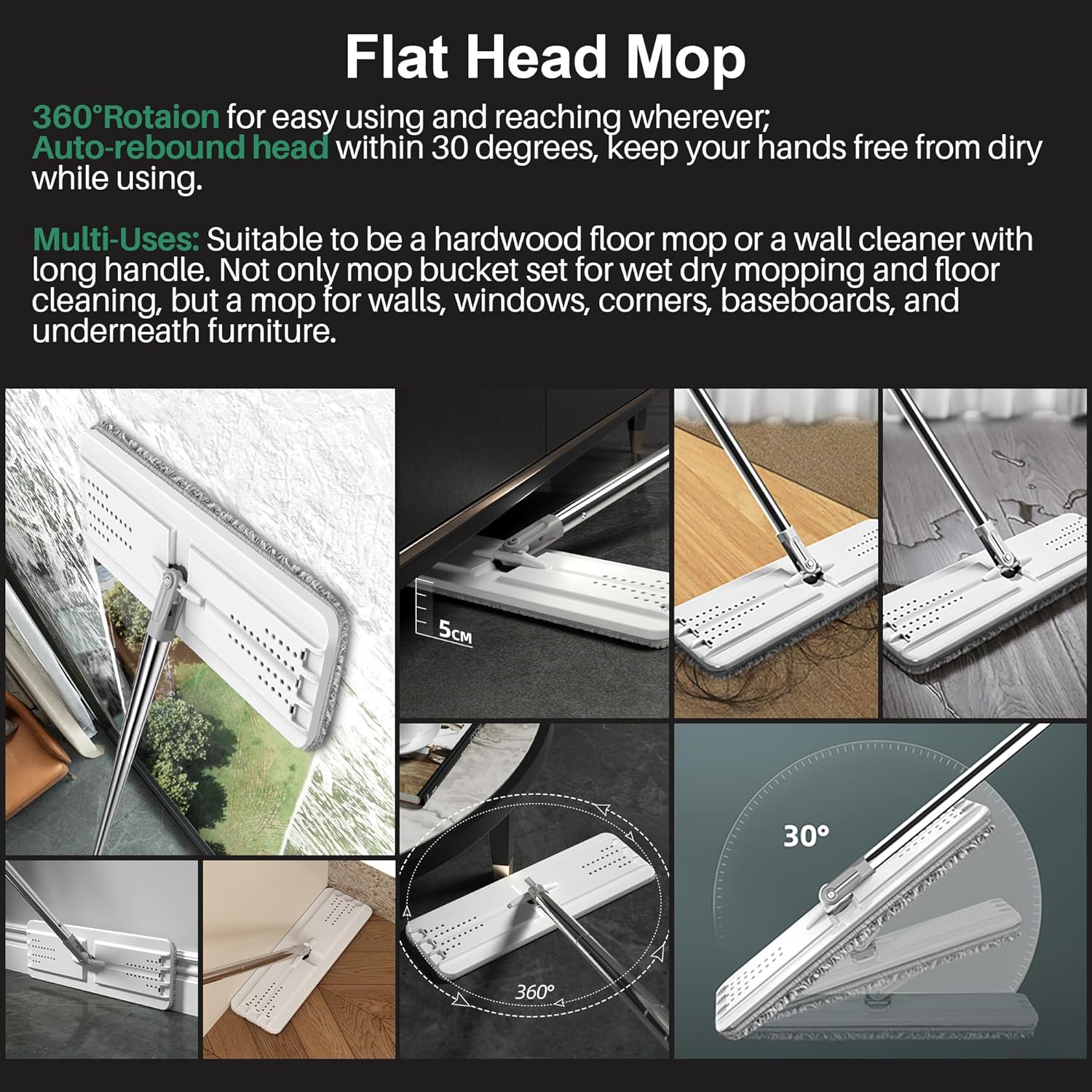 JOYMOOP Mop and Bucket with Wringer Set for Home, Flat Mop and Bucket System, Mops for Floor Cleaning and Wall Cleaner, with 3 Reusable Microfiber Mop Pads