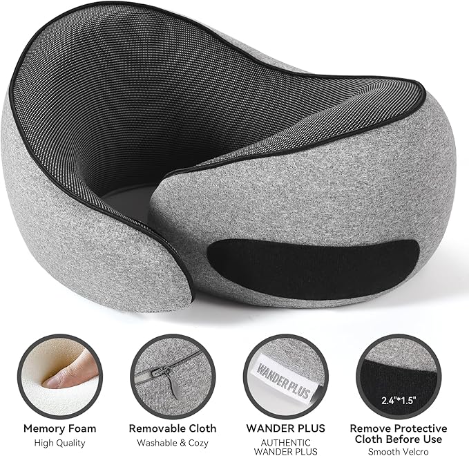 WANDER PLUS® Genuine Travel Pillow, 100% Pure Memory Foam Neck Pillow for Airplanes, Comfortable Breathable Cover, 360° Support Stowable Pillows for Sleeping, Car, Airport Travel Essentials, Grey