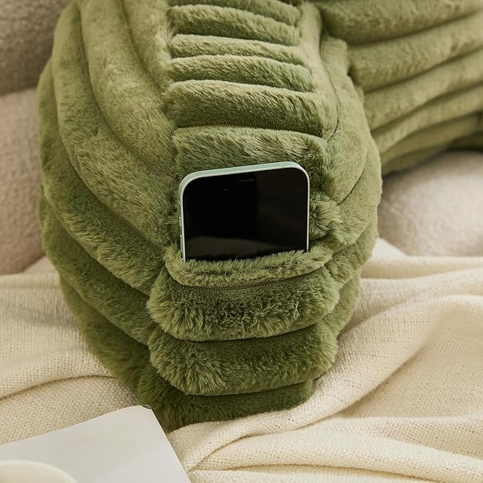 WERDIM Reading Pillow for Sitting in Bed, Faux Fur Back Pillow for Bed Rest, Bed Chair Pillow with Arms and Pockets(Standard, Sage)