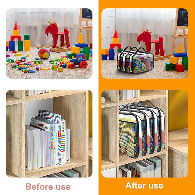 4 Packs PVC Toy Zippered Blocks, Travel Storage Case Bags for Organizing, Waterproof Toy Storage Bags with Mesh Pockets for Building Blocks, Puzzles, Clays,Toy Cars 13.3"Lx3" Wx10.4" H (Black).