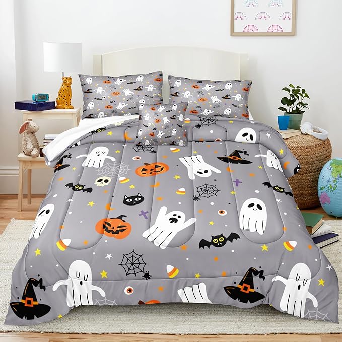 Bedbay Cartoon Pumpkin and Ghost Queen Comforter Set Halloween Cute Bedding Sets for Kids Boys Teen 4 Pcs Soft Lightweight Comforter Set with 1 Cushion Cover(Grey,Queen)