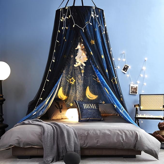 Kertnic Gorgeous Star Printed Bed Canopy for Girls & Adults, Room Decorative Cozy Bed Curtain Canopy Drapes, Round Dome Luxurious Lace Princess Canopies Mosquito Netting (Star)