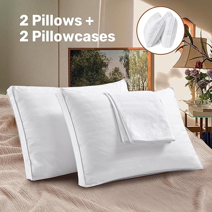 UNIKOME Goose Feathers and Down Pillows with 2 Gusseted Outer Protectors, White Cotton Fabric Bed Pillows for Back Stomach Side Sleepers, Standard/Queen, 20 x 28 inches, Pack of 2