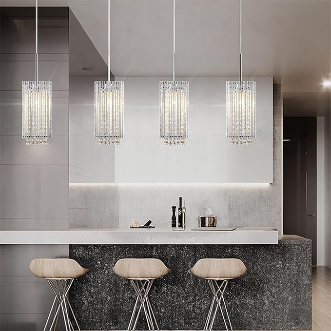 Mini Crystal Chandelier 1 Light Modern Hanging Light Fixture Small Cuboid Chrome Pendant Light for Kitchen Island Dining Room
