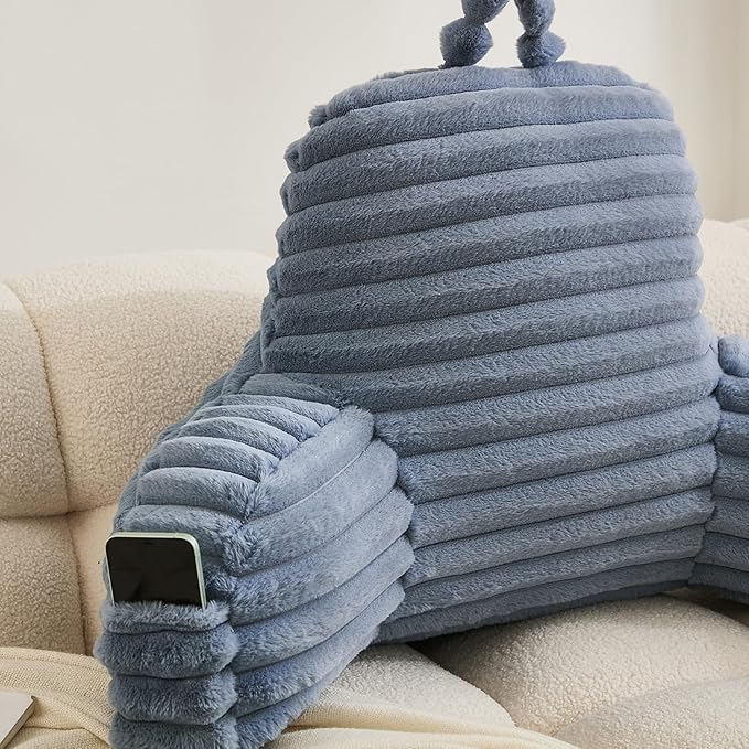WERDIM Reading Pillow for Sitting in Bed, Faux Fur Back Pillow for Bed Rest, Bed Chair Pillow with Arms and Pockets(Standard, Dusty Blue)