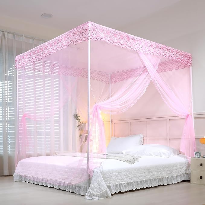 Bed Canopy, Princess Bed Curtain Net for Girls & Adults，Three-Doors Rectangle Lace Dome Netting (Baby Pink, Queen)