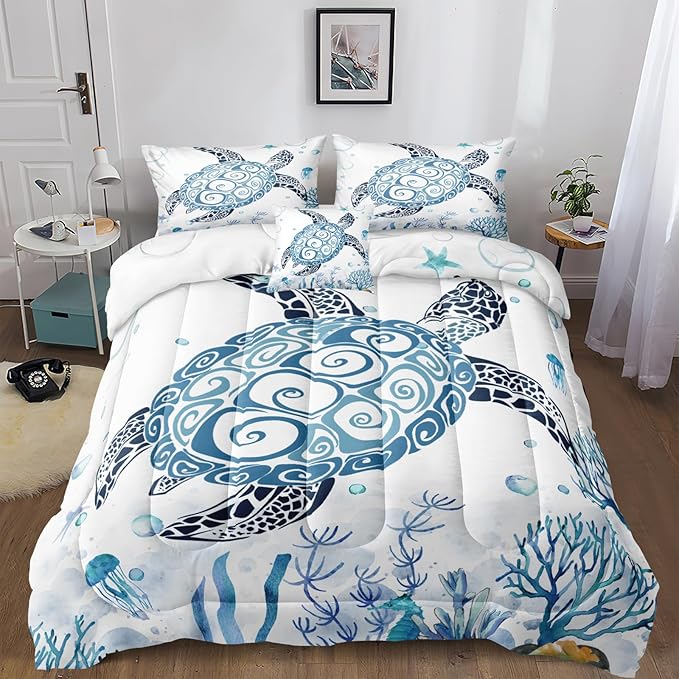Bedbay Sea Turtle Comforter Set Coastal Bedding Set Turtle Printed 4 Pcs Beach Bedding Quilt Set Coral Blue Underwater World Duvet Set Girls Teen Sealife Ocean Comforter Bedroom Decor(Coral,Queen)