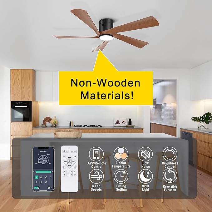 Ohniyou 52” Flush Mount Farmhouse Ceiling Fan with Lights, Remote & APP Control Low Profile Indoor Outdoor Ceiling Fans, Dimmable, Quiet DC Motor, Reversible, Black+Wood