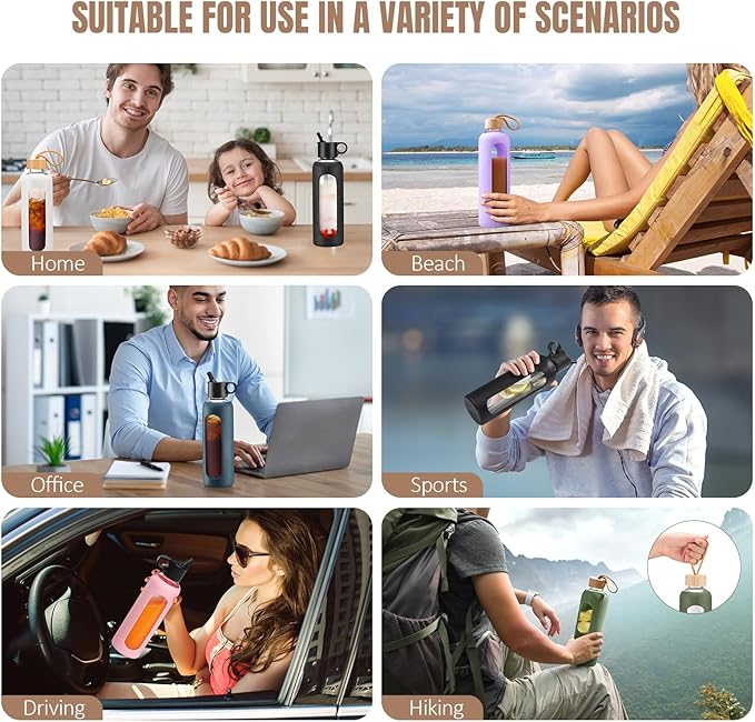 24oz Glass Water Bottle With 2 Lids-Flip Straw Lid, Bamboo Lid, Glass Water Bottle With Silicone Sleeve, Motivational Time Marker, Glass Juice Bottle for Cold Drink,Amber